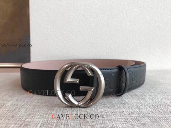 Gucci Black Leather Belt Classic Polish Metal Buckle Slim